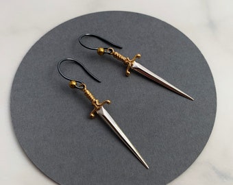 Mixed Metal Sword Earrings - Sterling Silver Dagger Earring with Bronze Handle