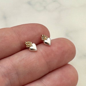 Sterling Silver Flaming Heart Post Earrings with Bronze Flames