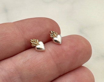 Sterling Silver Flaming Heart Post Earrings with Bronze Flames