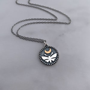 Mixed Metal Moth Necklace - Silver and Bronze Talisman Amulet