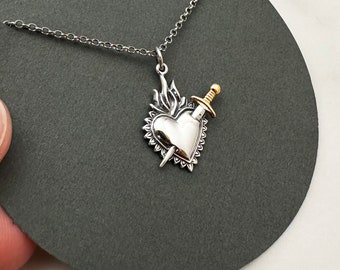 Sterling Silver Sacred Heart Necklace with Mixed Metal Sword