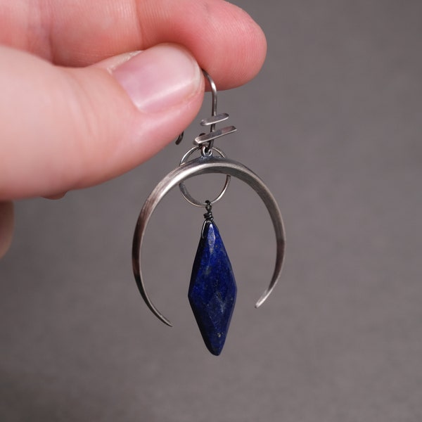 Oxidized Sterling Silver Crescent Moon Earrings with Lapis Gemstones