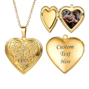 Personalization 2 Photos Locket Necklace, Engrave Text Heart Locket Necklace, Elegant Jewelry for Women Men Christmas Gifts