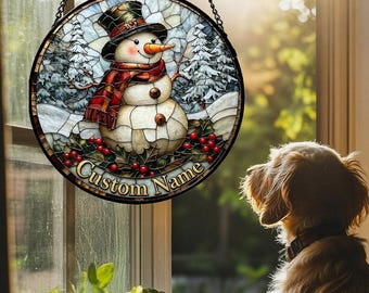 Personalized Name Stained Glass Suncatcher - Customized Text Christmas Snowman Suncatcher for Door Terrace Garden