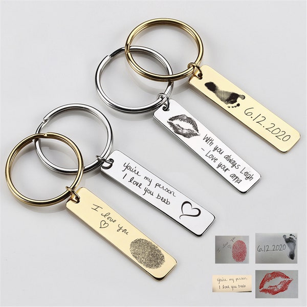 Handwriting Bar Keyring With Your Handwriting Real Fingerprint, Custom Engraved Text logo Keychain Personalized Gifts