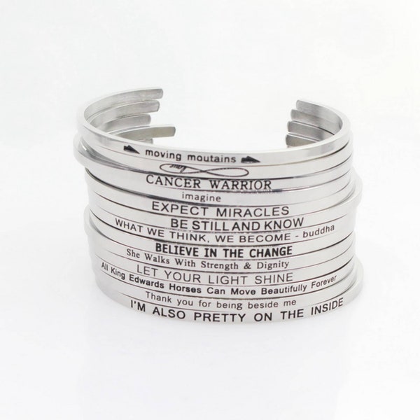 Pulseras personalizadas, brazalete de acero inoxidable con cita inspiradora grabada a mano, pulseras con mantras para hombres y mujeres.