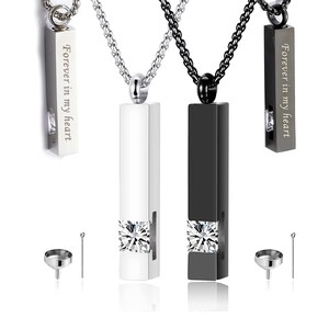 Personalized Urn Necklaces for Ashes Memorial Cremation Necklace Black Silver Tone Bar Pendant Necklace Keepsake Jewelry Cubic Zirconia