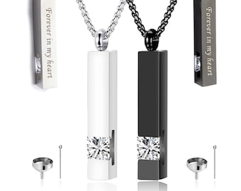 Personalized Urn Necklaces for Ashes Memorial Cremation Necklace Black Silver Tone Bar Pendant Necklace Keepsake Jewelry Cubic Zirconia