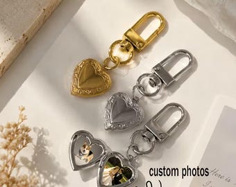 Personalized Custom Photo Phase Keychain, Engrave Text Heart Locket Keychain