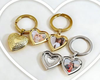Personalization Photo & Letters Locket Keychain, Engrave Text Heart Pendant Keychain, Pet Memorial Gifts