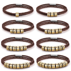 Pulsera personalizada con nombres de familia, para mujer y hombre, de cuero genuino color café, con cuentas y texto personalizado, pulseras de cuero trenzado.