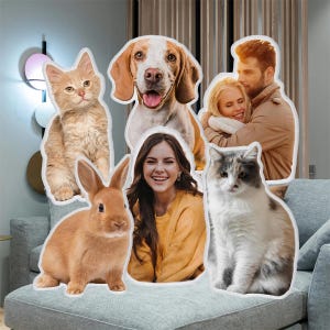 Puede incluir: Una colección de imágenes recortadas de un gato, un perro, un conejo, una pareja abrazándose y una mujer sonriendo. El gato es naranja, el perro es un beagle y el conejo es marrón. La mujer lleva un jersey amarillo.