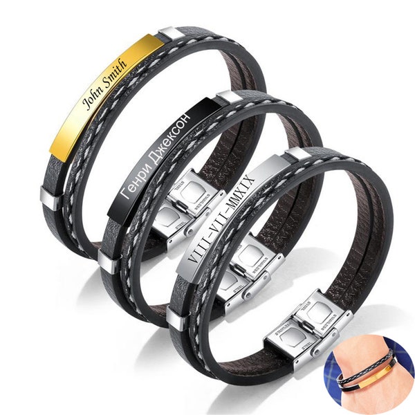 Bracciale con testo personalizzato personalizzato Bracciale in pelle multistrato per uomo e donna Regalo di gioielli casual alla moda in acciaio inossidabile