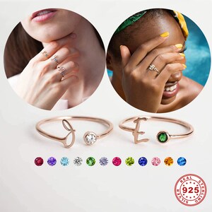 Anillos personalizados con nombre inicial, anillo abierto personalizado con inicial y piedra de nacimiento para mujer, anillo con letra en plata de ley 925