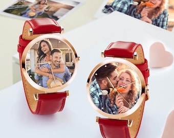 Reloj con imagen personalizada, palabras grabadas, foto, correa de cuero, hecho a mano, regalo personalizado para padre, madre, novio.