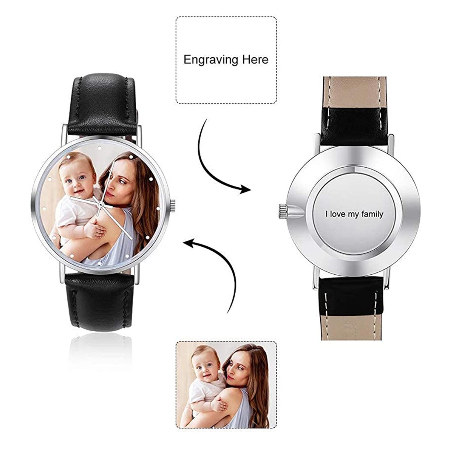 Personalized Photo & Text Watch, Custom Couple Picture Watch Black ...