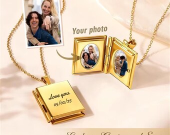 Custom Photo Locket Necklace, Personalized Image Rectangular Pendant Necklace, Engrave Letters Necklaces Women Birthday Gifts for Her