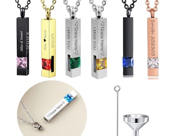 Personalized Cremation Urn Necklace 3D Bar Cube Memorial Ashes Necklace Keepsake Engravable Perfume Pendant Birthstone Urns Jewelry