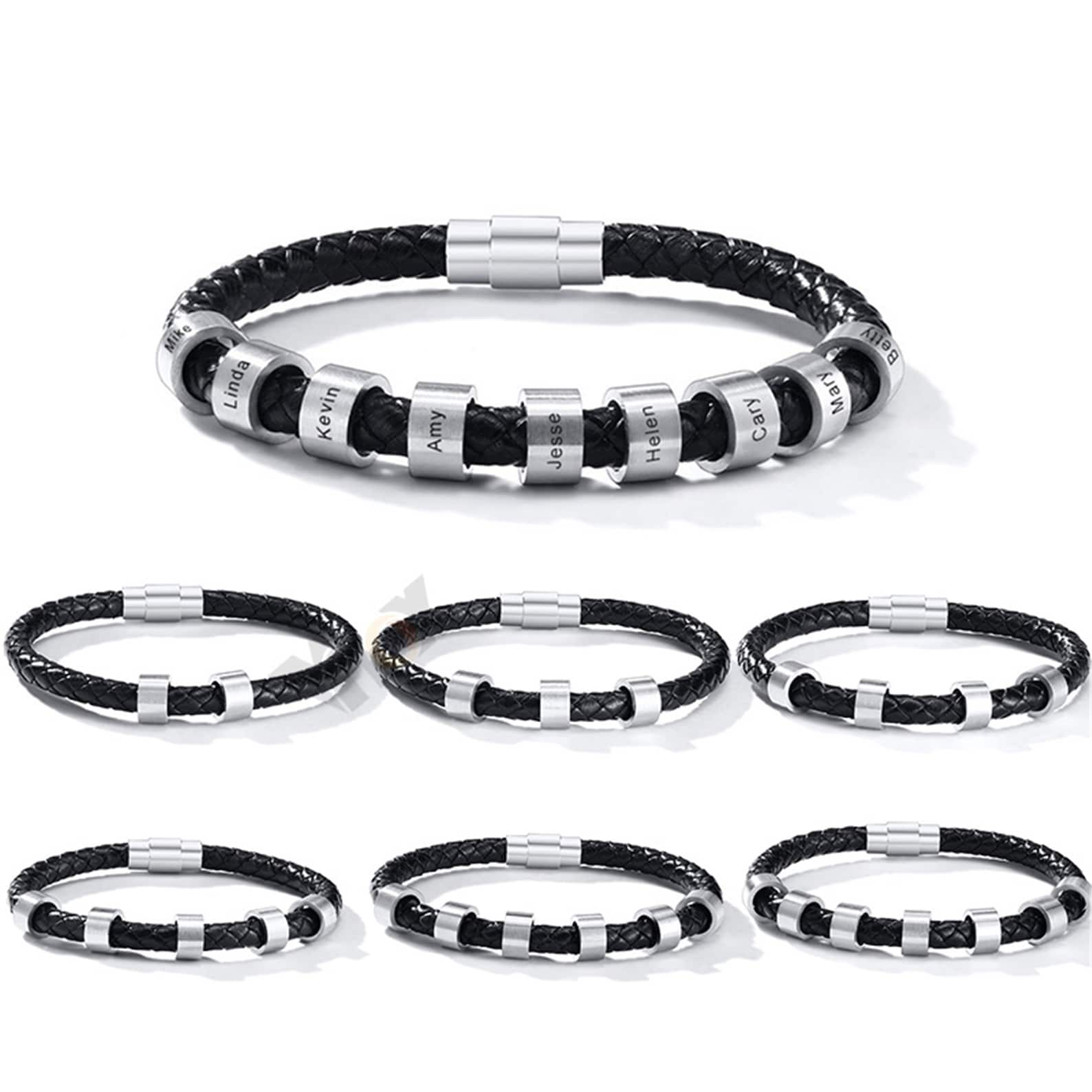 Personalized Men Leather Bracelet With 19 Names Beads Etsy