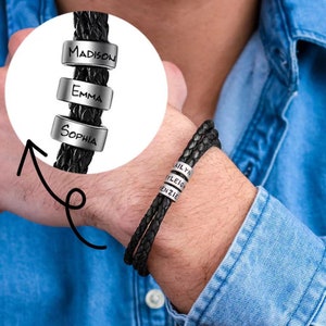 Pulsera personalizada con nombres de familia para hombres con cuentas grabadas personalizadas, pulseras y brazaletes de cuero con cuerda trenzada para regalos de novio y papá