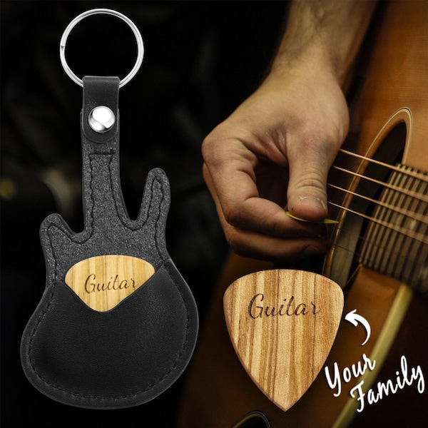 Porte-clés avec nom personnalisé, médiator de guitare, mots personnalisés, nom gravé, choix en bois pour amoureux de la musique, cadeau de fête avec cuir