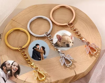 Custom Photo Projection Keychain, Stainless Steel Angel Pendant, Personalized Key Fob, with Built-in Photo of Loved Ones or Pets