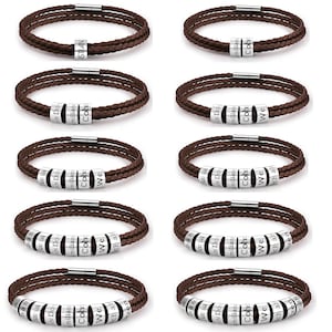 Pulsera personalizada con nombres de familia, brazalete de cuero genuino para hombres y mujeres, brazalete de cuentas grabadas personalizadas, pulseras de cuero trenzado