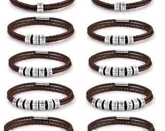 Personalized Family Names Bracelet Women Men Coffee Genuine Leather Bangle Custom Engrave Beads Bangle Braid Leather Bracelets