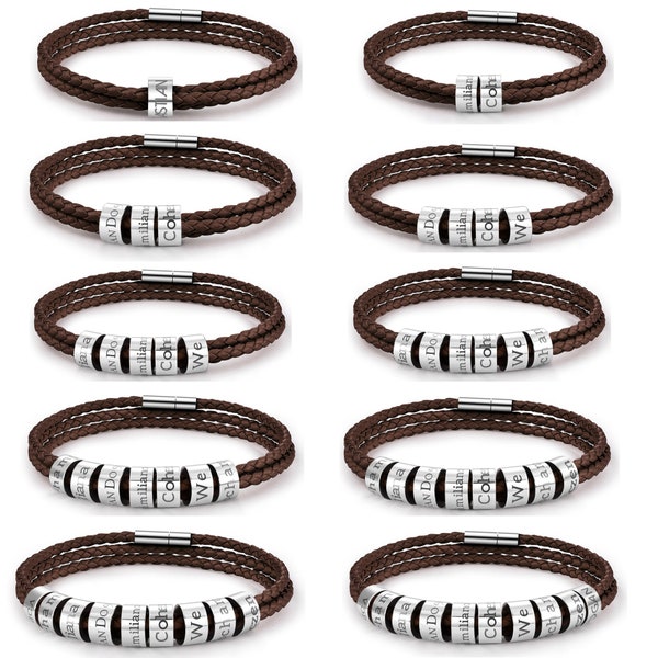 Personalized Family Names Bracelet Women Men Coffee Genuine Leather Bangle Custom Engrave Beads Bangle Braid Leather Bracelets