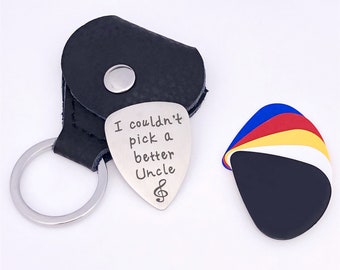 Personalized Guitar Pick Keychain Custom Words Pick Engraved Name Pick for Music Lover For Men's Gift With Leather Case & 5Pcs ABS Pick