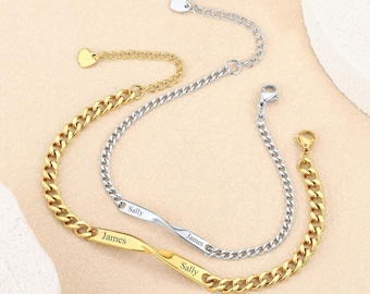 Custom Text Bracelet Cuff Bangle for Women Men, Personalized Engraved Name Date Chain Bracelet