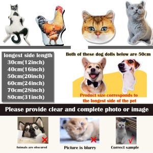 May include: A collection of pet-themed plush dolls, including a cat, chicken, and dog. The image also shows size options ranging from 12 inches to 31 inches. The text advises to provide a clear image.