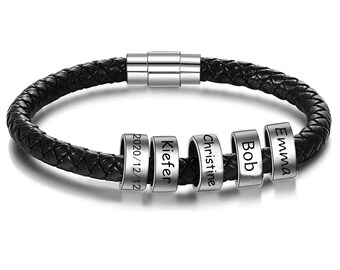 Zysta Bracciale Uomo In Pelle Con Anelli Di Nome Personalizzate, Braccialetto Rigido A Corda Multistrato Personalizzato Incisione Iniziali, ID Bracciale Identificativo Cuoio Inciso (2 Beads Argento - Foto 6