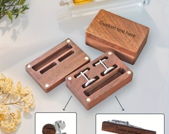 Personalized Wood Cufflinks Tie Clip Box For Groomsmen, Custom Wedding Cufflink Wooden Box Set