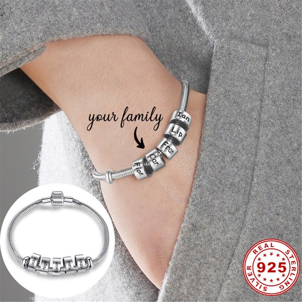 Personalized Family Name Bracelet 925 Sterling Silver Beads Bracelet Custom Text Beads Bangle for Women Men Gifts