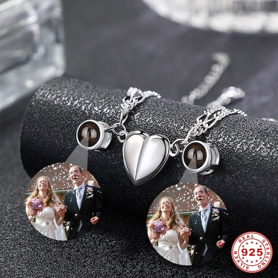 Personalized Projection Bracelet, Custom Photo Couple Bracelet, 925  Sterling Silver Bracelet, 2pcs Magnetic Heart Charm Bracelet 