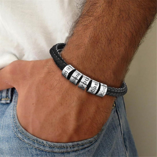 Personalized Stainless Steel Braided Genuine Leather Charm Bracelets Custom Men Leather Bracelets with Family Names Beads Gift