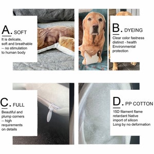May include: Four images showcasing the features of a custom pet pillow. The first image shows a brown and white dog pillow on a gray surface. The second image shows a close-up of a brown and white dog pillow with a clear background. The third image shows a close-up of the zipper on a white pillow. The fourth image shows a close-up of the white filling of the pillow.