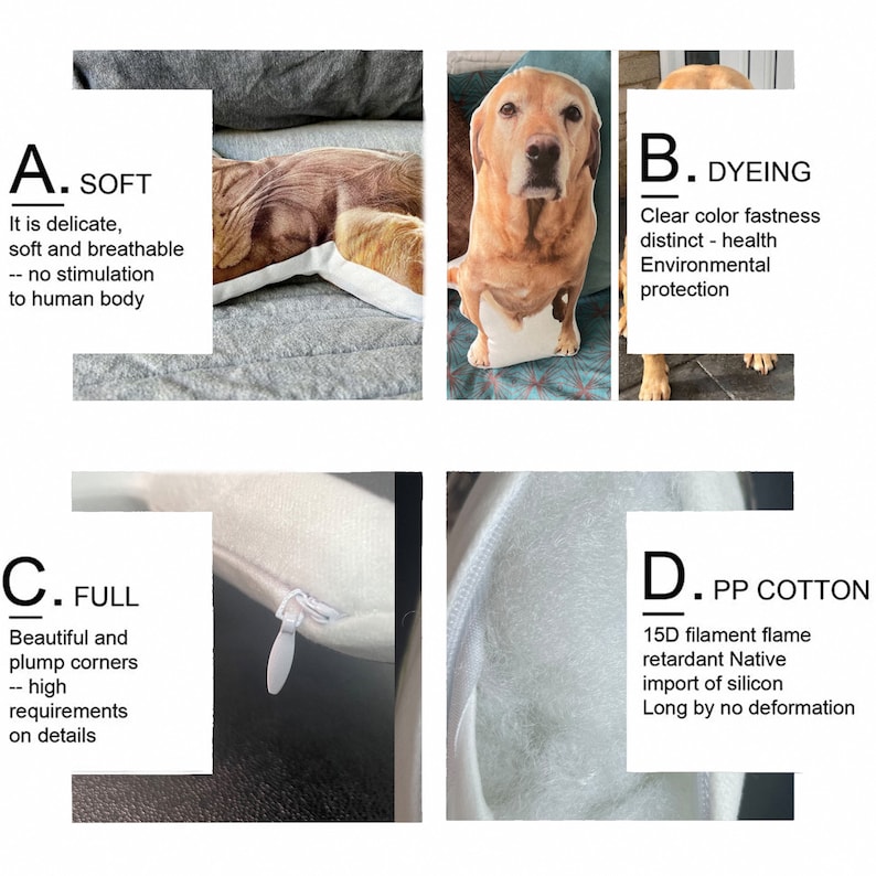 May include: Four images showcasing the features of a custom pet pillow. The first image shows a brown and white dog pillow on a gray surface. The second image shows a close-up of a brown and white dog pillow with a clear background. The third image shows a close-up of the zipper on a white pillow. The fourth image shows a close-up of the white filling of the pillow.
