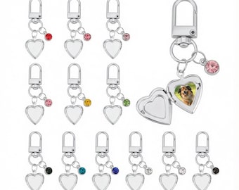 Personalized Custom Photos Phase Keychain with Birthstone, Engrave Text Heart Locket Keychain