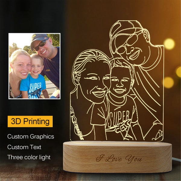 Customized Text Photo 3D Print Night Light Desk Lamp Personalized Wooden Base Graduate Gift USB Power Three White Light