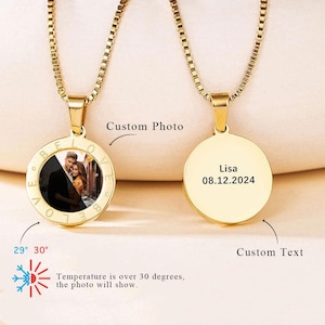 Custom Photo Heat Activated Magic Necklace with Hidden Personalized Picture Round Pendant Necklace  Engrave Love Message Necklace