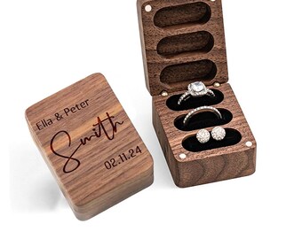 Engagement Rings Box, Custom Walnut Box with Names, Proposal Ring Holder, Personalized Wedding Ring Holder