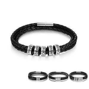 Personalisierte Familiennamen Männer Armband mit individueller Gravur Perlen Armreif Geflecht Seil Leder Armbänder Armreifen für Freund Papa Geschenke