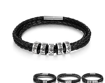 Personalized Family Names Men Bracelet with Custom Engrave Beads Bangle Braid Rope Leather Bracelets & Bangles for Boyfriend Dad Gifts