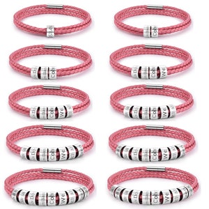 Personalisierte Familiennamen Armband Rosa Echtes Leder Armreif Benutzerdefinierte Gravieren Perlen Armreif Braid Lederarmbänder für Frauen Männer