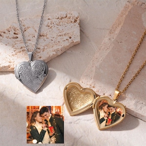 Personalization Name & Photos Locket Necklace, Custom Gifts, Engrave Text Heart Locket Necklace, Flower Heart Pendant Elegant Jewelry