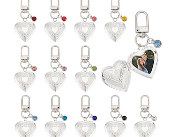 Custom Photos Phase Keychain with Birthstone, Engrave Text Heart Locket Keychain, Personalized Gifts