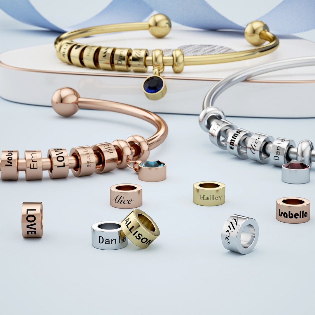 Personalized Family Name Cuff Bracelet 12 Month Birthstone Cuff Bangle