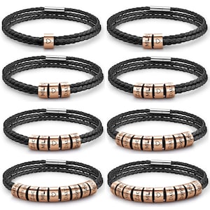 Pulsera personalizada con nombre, cuentas de oro rosa, texto personalizado, pulseras de cuero genuino con dijes y cuentas con nombres familiares, brazalete multicapa, regalo